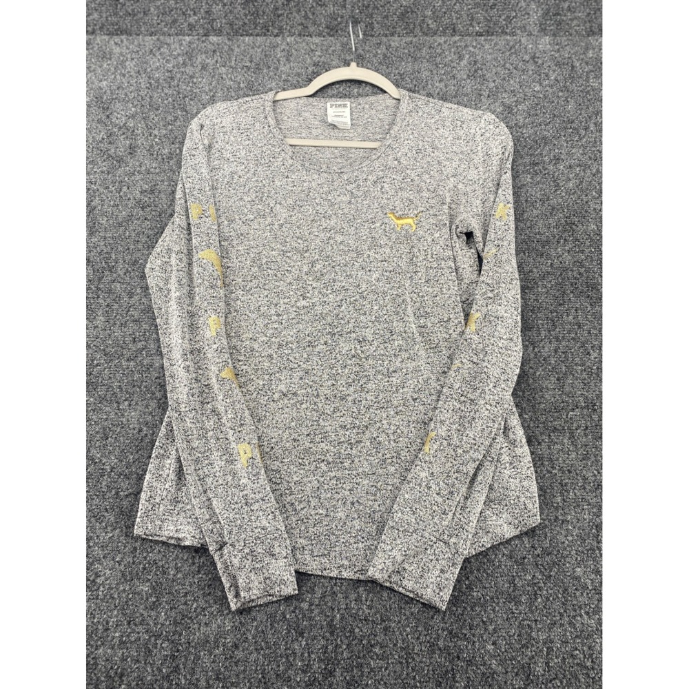 PINK Victorias Secret Sleepwear Top Womens Small Grey Marl Gold Glitter Logo LS